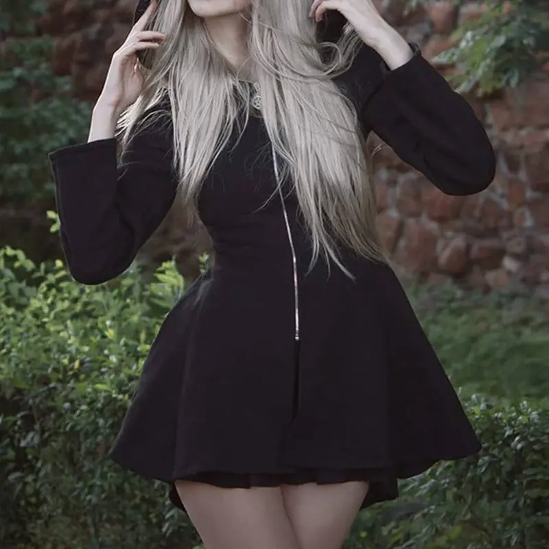 Готическое Черное мини платье на молнии с капюшоном и пентаграммой гот Харадзюку