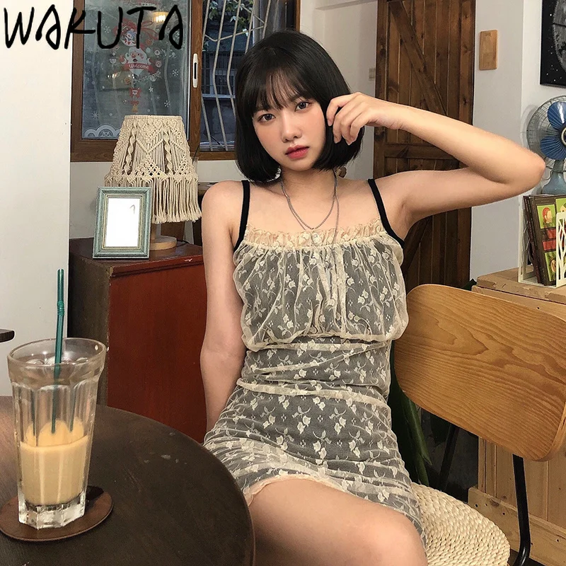 Кружевное платье на бретелях WAKUTA черный укороченный Кардиган с длинным рукавом и