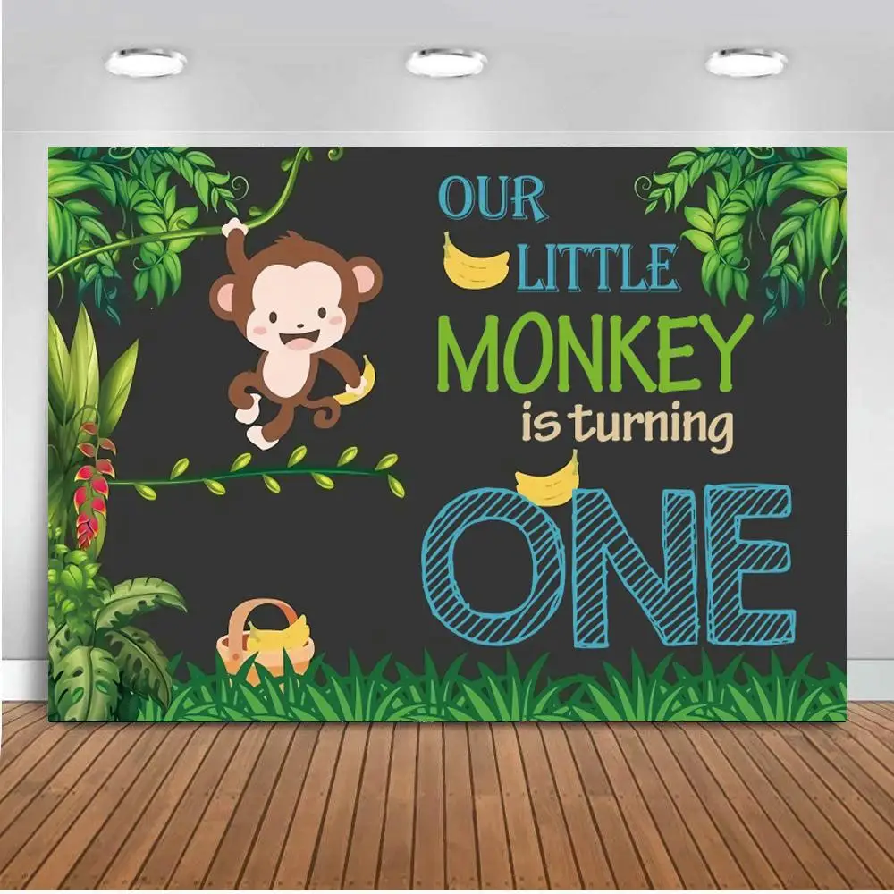 

Cartoon Monkey Turning One Year Old Birthday Backdrop Photography Green Tree Forest Banana Kids Party Decor Photo Background