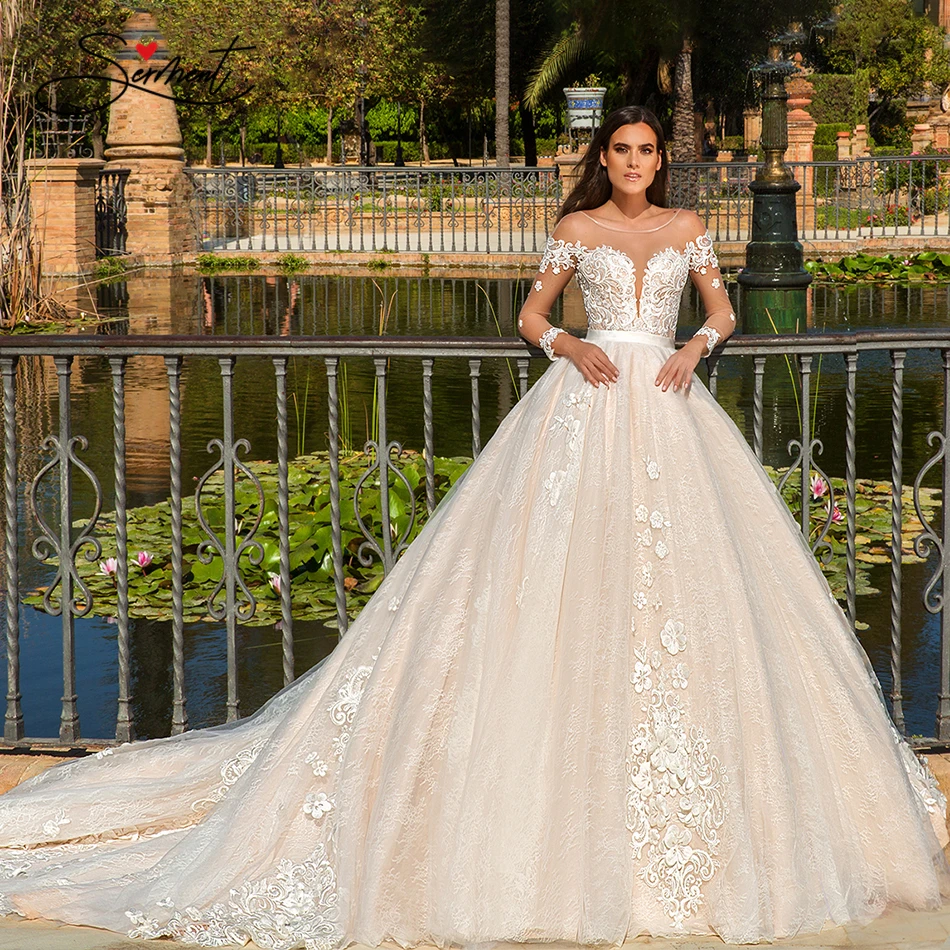 

BAZIIINGAAA роскошное свадебное платье с длинным рукавом и круглым вырезом, аппликация, кружева, свадебное благородное платье с аппликацией для ...