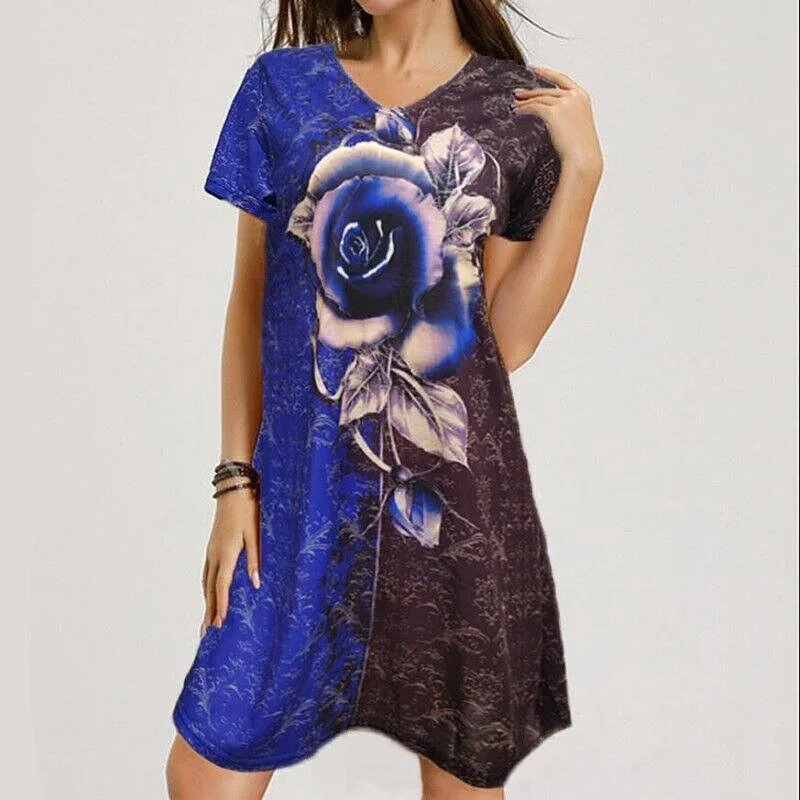 

Women Casual Rose Printed Short Sleeve T-shirt Dress Summer Fashion Female V-neck Florals Loose Dresses