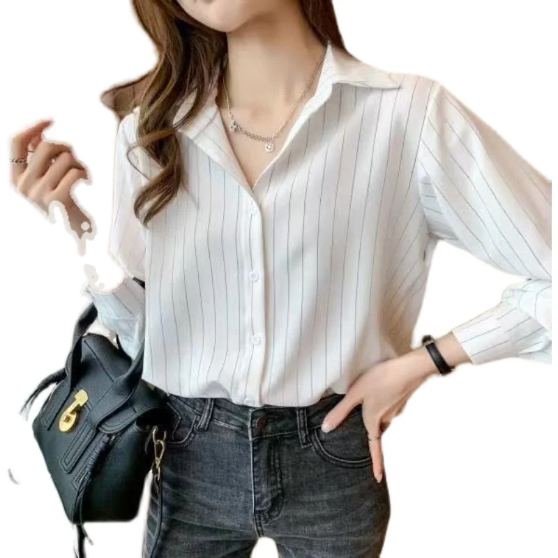 

Houthion Chiffon Slim Women's Blouses Fashion Long Sleeve Top New Casual Blouse Stripe Buttons Polo Shirt Summer