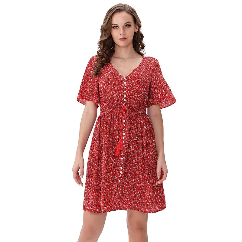 Женское свободное платье-трапеция с коротким рукавом и V-образным вырезом |