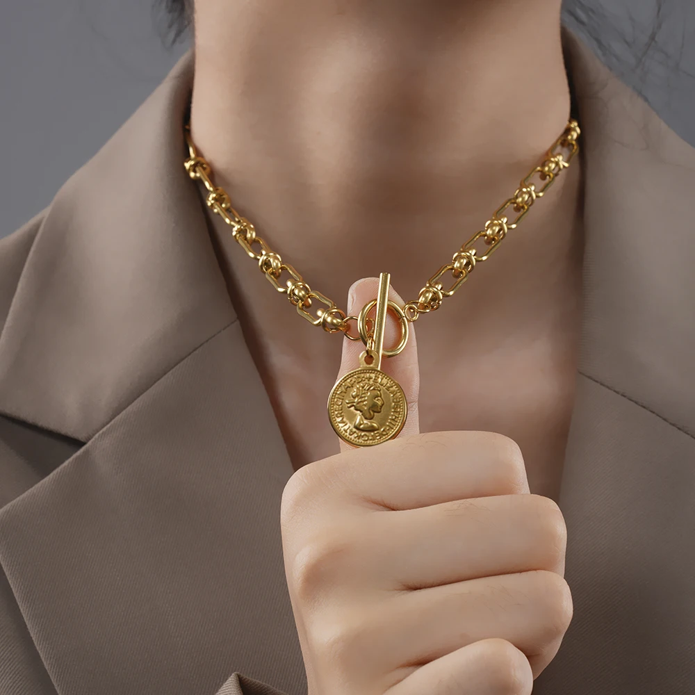 

FANSHIDI Metal Queen Elizabeth Coin Necklace Stainless Steel Toggle Necklaces For Women Gold/Silver Color Vintage Coin Choker