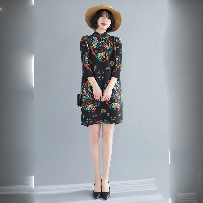 

LANMREM NEW women dress stand Collar printed straight rpleated series temperament loose fit fashion tide summer 2021 2P2220