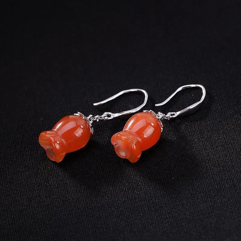 

Original S925 Sterling Silver Non-Allergic Natural South Red Agate Retro Fairy Lily Earring Pendant for Ladies Eardrops Earrings