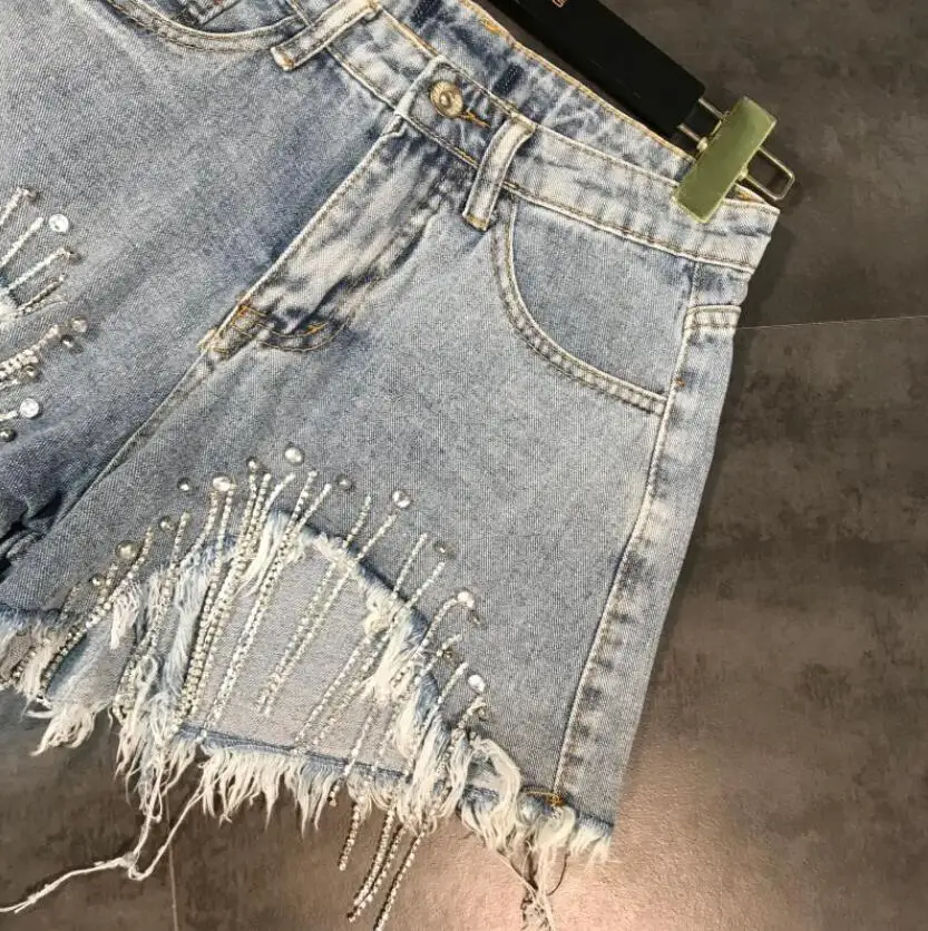 

New Summer Women Fashion Hole Sparkling Diamond Chain Tassel Denim Shorts Hot s621