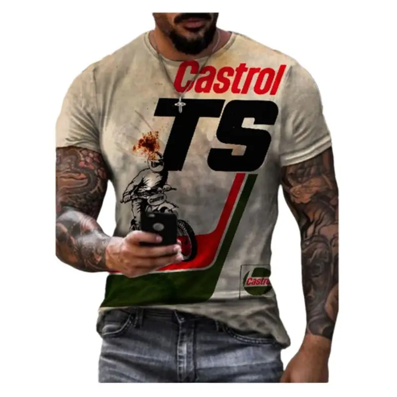 

Vintage oversized men's summer T-shirt. Loose short-sleeved T-shirt. Isle of Man TT round neck cotton T-shirt with motorcycle print