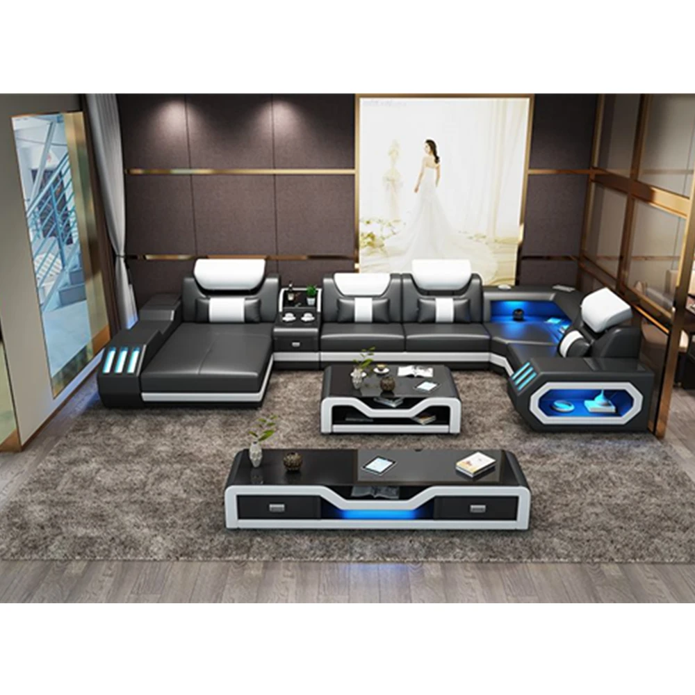 U образный диван из натуральной кожи для гостиной с музыкальным