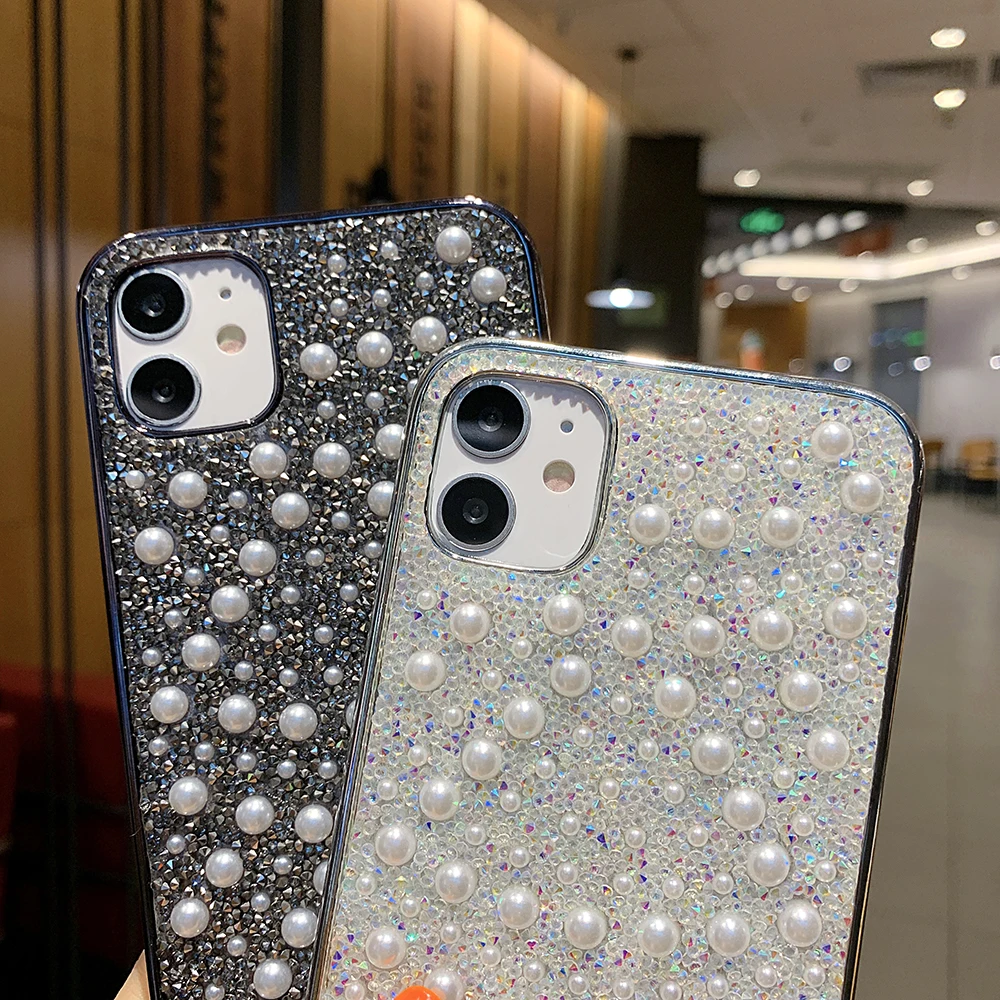 Pearl Rhinestone Bling Glitter Case for IPhone 12 Mini 11 Pro XR XS Max X 8 7 Plus Shockproof Phone Cover Coque Funda | Мобильные