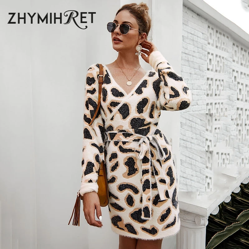 ZHYMIHRET Элегантный Leopard V шеи Wrap свитер платье с длинным рукавом Пояса Осень Зима