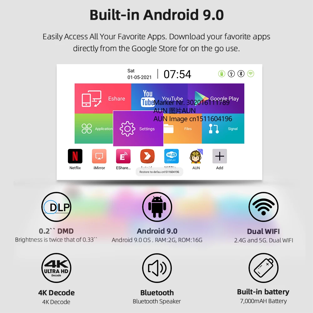 $256.92 AUN MINI Projector Android 9 Beamer Ubeamer 1 Pro 4K Video Projector Decode Home Theater Beam Projector for Home Phone 7000mAh