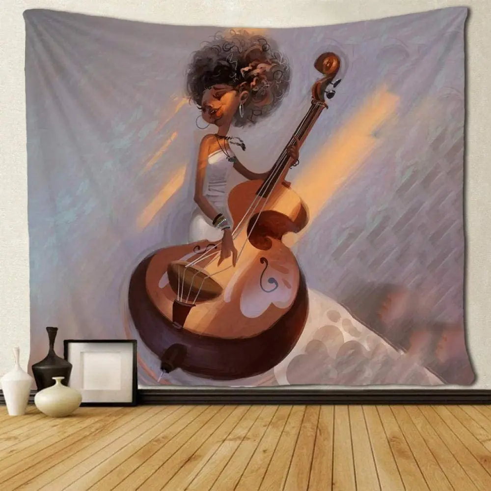 Mujer afroamericana jugando a violonchelo colgante de pared amor música chica tapiz arte único