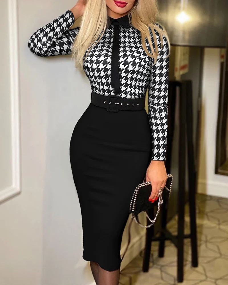 

Autumn Women Houndstooth Colorblock Work Dress With Belt 2021 Femme Elegant Tie Detail Midi Bodycon Robe Office Lady Outfit traf