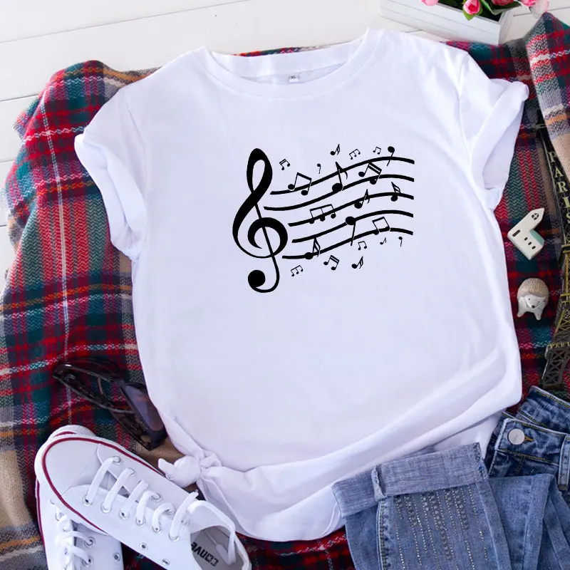 

Летняя женская футболка с графическим принтом музыкальных нот, женский топ, футболка в стиле Харадзюку, Корейская рубашка для женщин