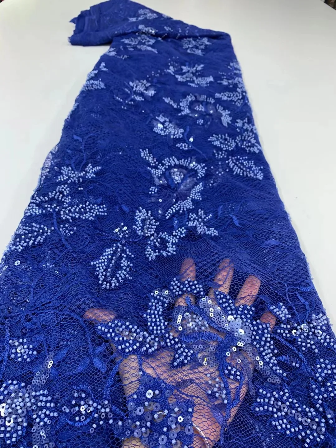 

2022 African High Quality Beads Tradition 5 Yards Fabric Nigerian Most Popular Lace Embroidery For Elegant Bride Wedding Party