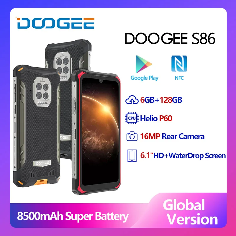 

DOOGEE S86 Rugged Smart Phone 6GB+128GB 8500mAh Super Battery Smartphone IP68/IP69K HelioP60 Octa Core Android 10 OS