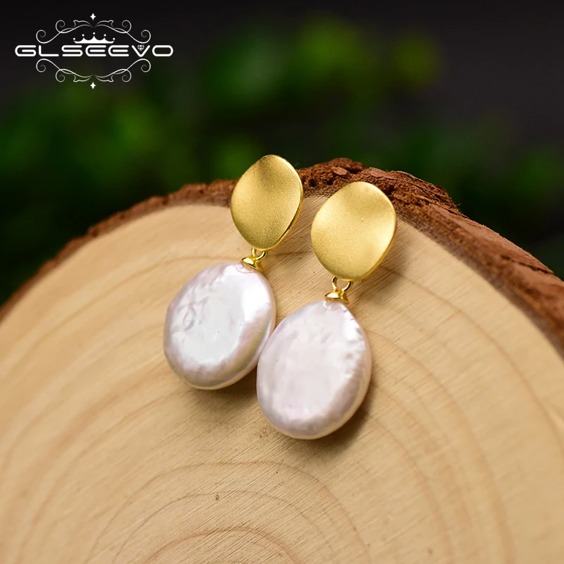 

GLSEEVO Natural Baroque Freshwater Pearl Round Pendant Earrings Earrings Woman Birthday Gift Fashion Retro Jewelry GE0784