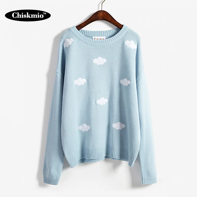 Preppy Style Women Sweater Cloud Pattern Knitting Pullover Loose Long-Sleeved Knitted Tops Ladies Office Jumper Harajuku | Женская