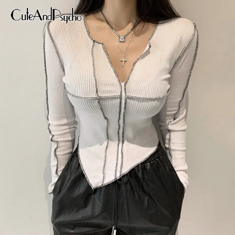 

Y2K корейские пикантные топы с разрезом, футболка в стиле ретро, гранж Женская тонкая рубашка, осенняя однотонная женская футболка с длинным ...