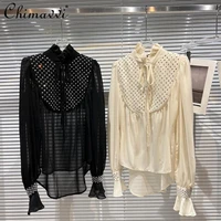 women long sleeve black shirt 202s spring new rhinestone drilling lace up neckline blouses lady mesh see through shirt top