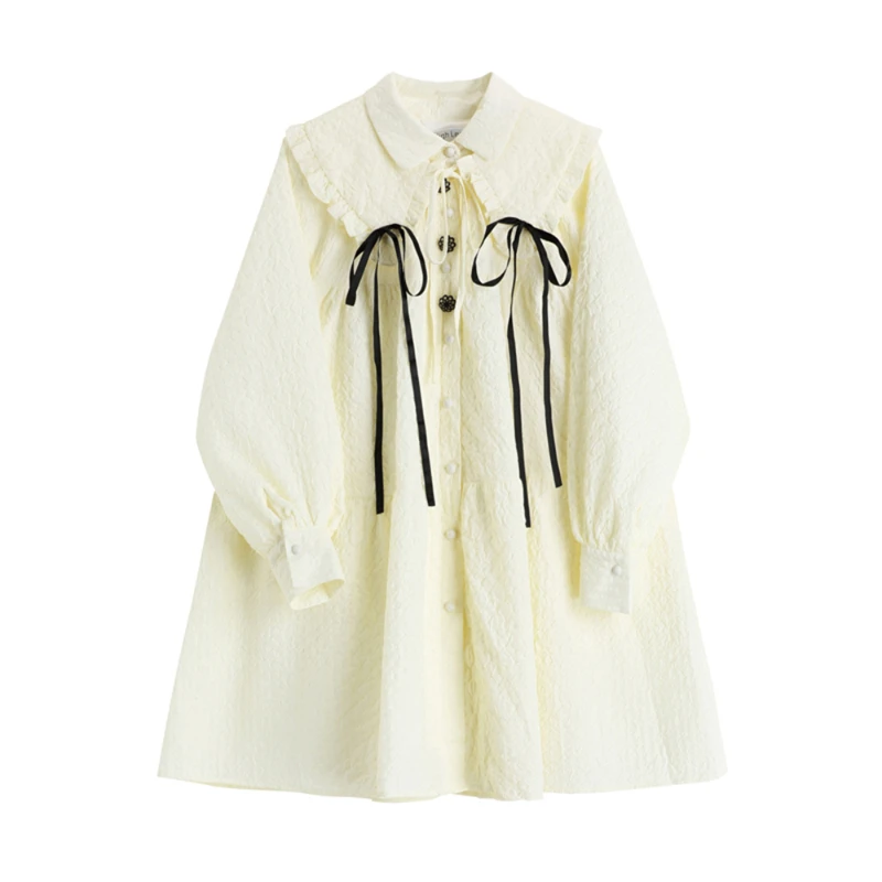 

2021 Korea Spring Cute Dress Vintage Puff Sleeve Peter Pan Collar White Dress Ball Gown Bow Dress Elegant