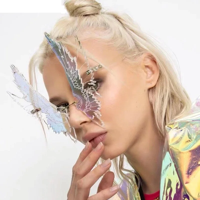 

New Fashion Oversized Wing Sunglasses Women Vintage Rimless Clear Eyewear Men Sun Glasses Male Female Butterfly Shades UV400