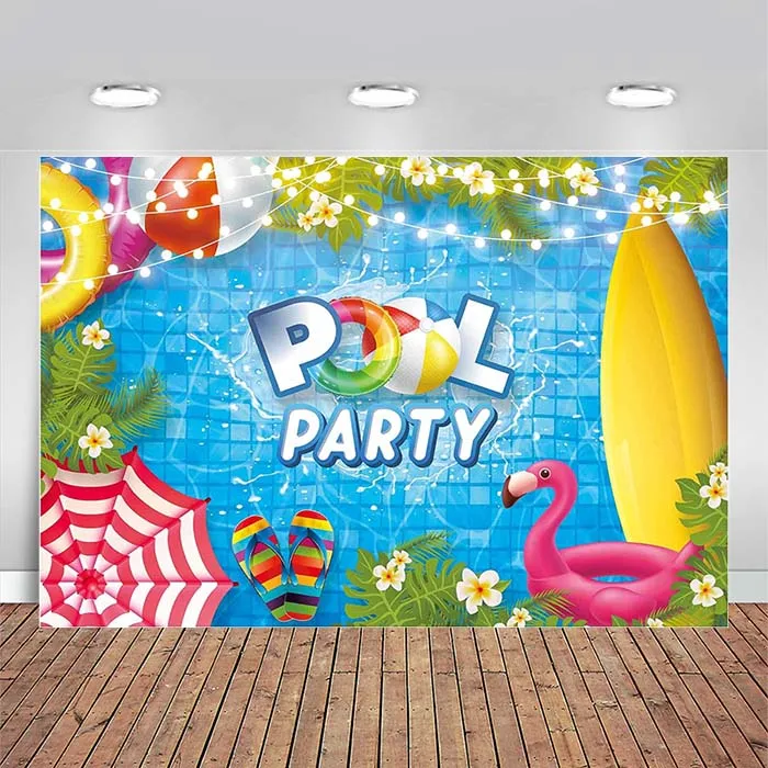 Swimming Pool Party Backdrop Summer Water Wave Ripple Tropical Palm Flower Lifebuoy Baby Shower Birthday Photography Background