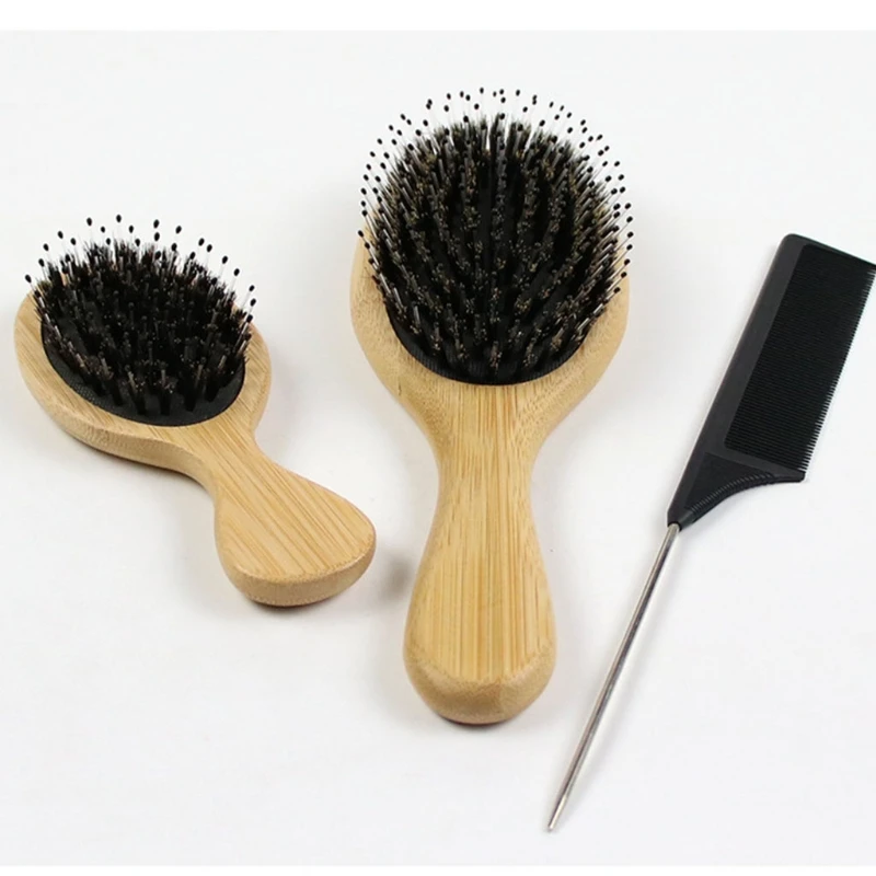 

K1KB 3pcs Bristle Hair Brush and Comb Set for Women Men Kids Bamboo Paddle Hairbrush