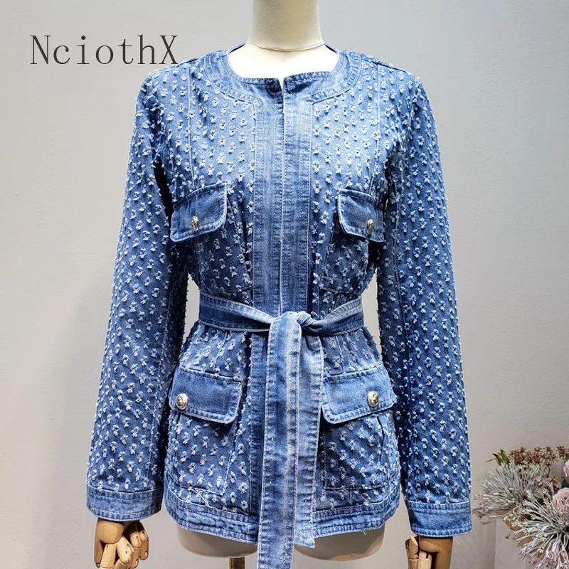 

Женская джинсовая куртка, винтажная синяя рваная куртка с поясом, с длинным рукавом и карманами, уличная одежда, 2021