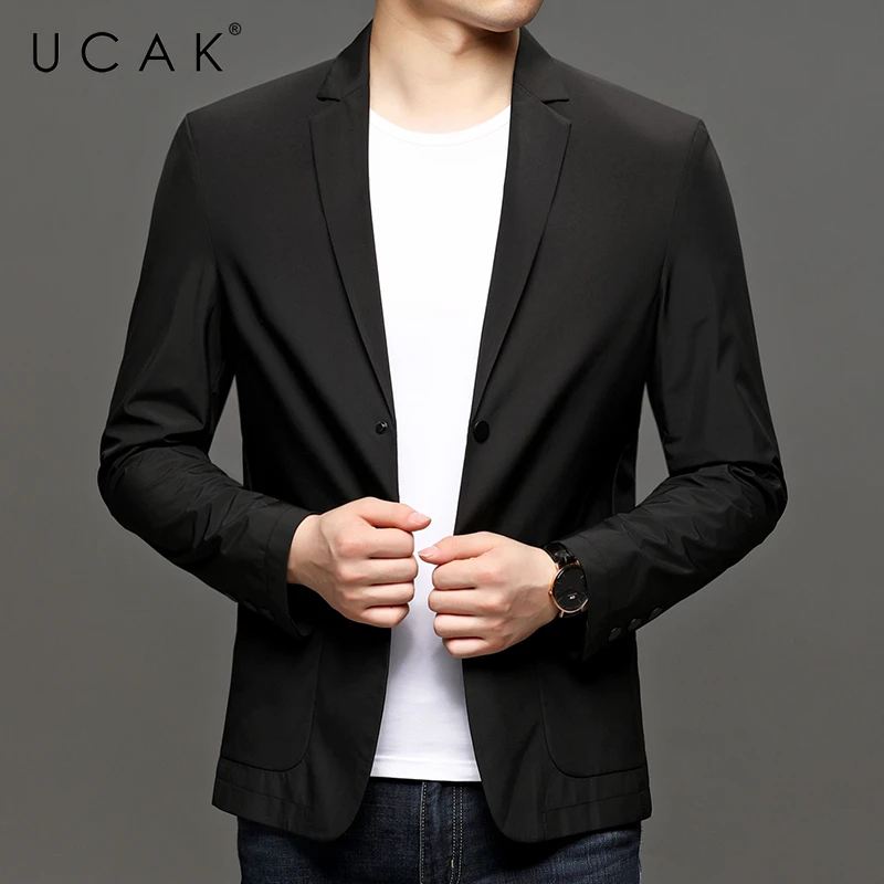 

UCAK Brand New Arrival Streetwear Men Blazers masculino and suit jackets Male Slim Fit Business Casual Striped Blazer Coat U8191