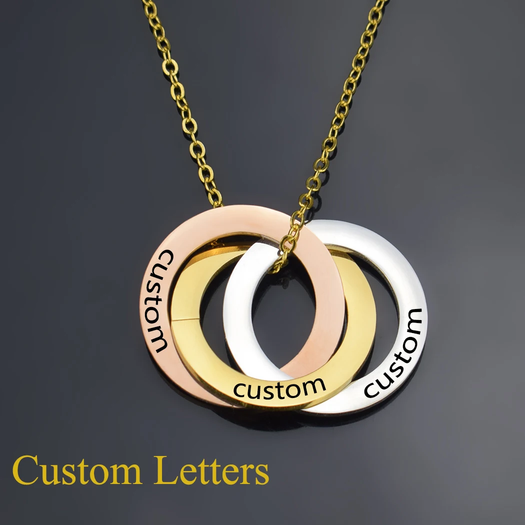 

Custom Engraved Letters Stainless Steel Three Ring Pendant Personalized Lettering Jewelry Three Circles Interlocking Necklace