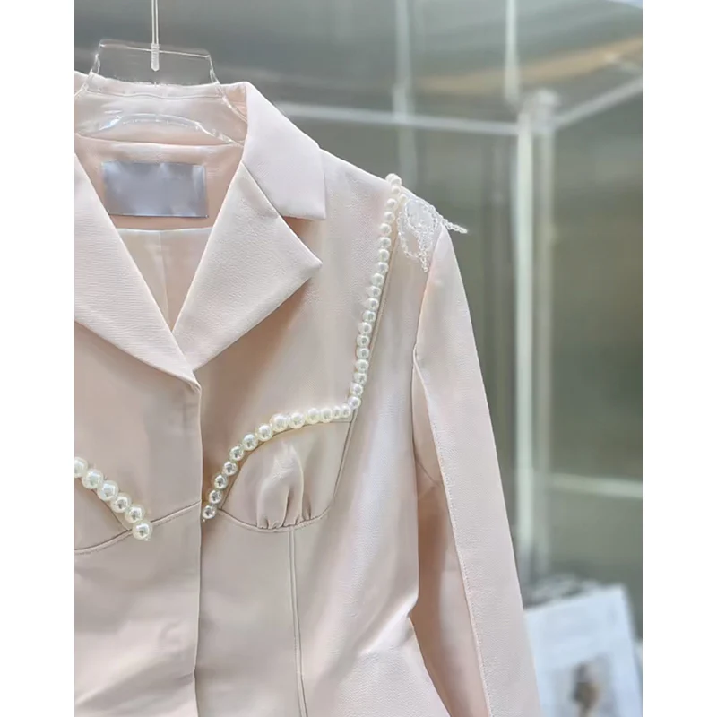 

Fashion Sweet Women's Light Pink Pearl Long Sleeve Jackets Casual Beaded Coat Blzer De Chiffon Women Fall Clothes for Women 2021