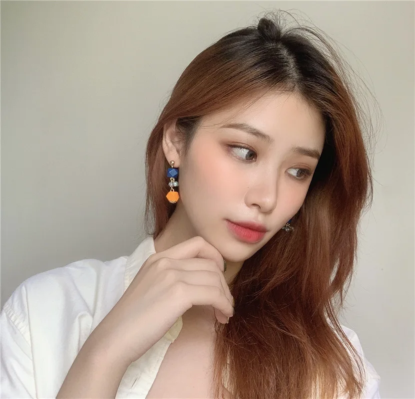 Винтажная Смешанная синяя желтая древесина бусины Серьги Хрустальная подвеска