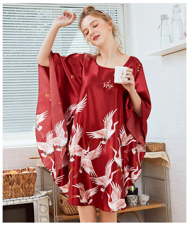 YAO TING summer woman pajamas Cotton Printing Nightwear Faux Silk Satin Female Homewear fashion sexy lingerie pajamas new - Цвет: Wine red