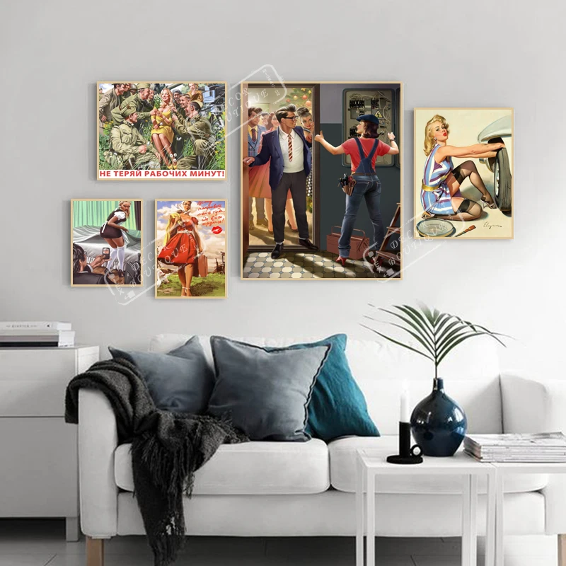 Винтажный советский русский штифт для девушек отель официант ретро постер Холст