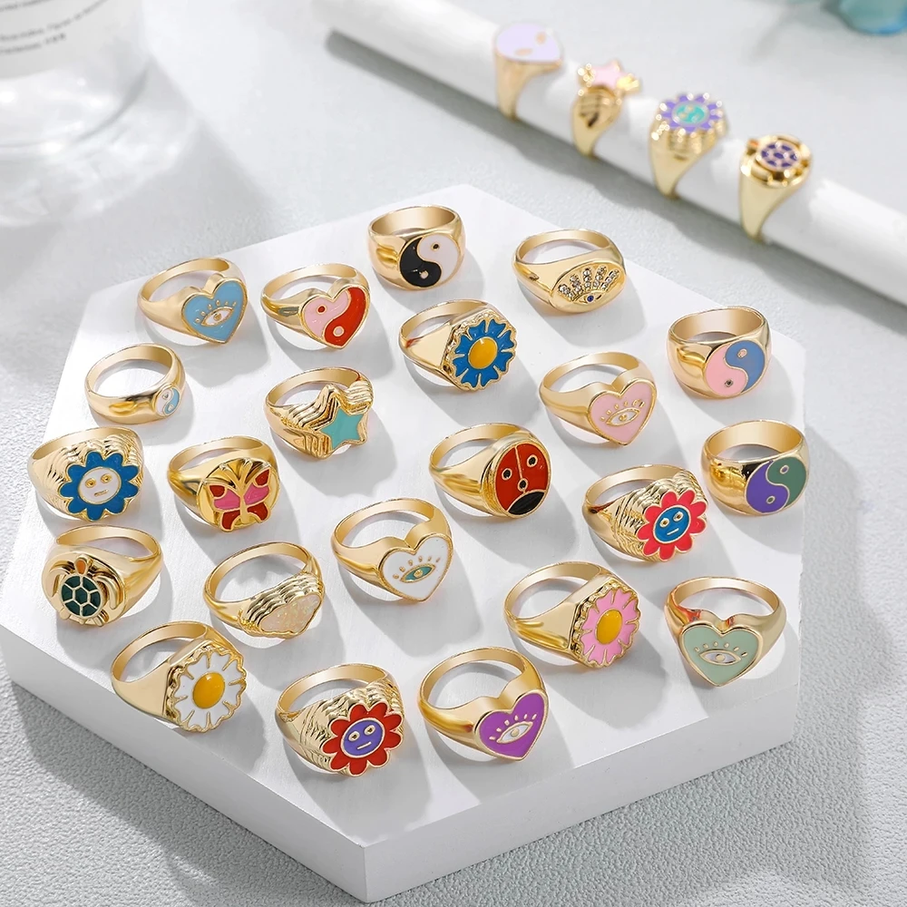 Aesthetic Colorful Evil Eyes Love Heart Rings for Women Sweet Sunflower Drip Oil Enamel Metal Gold Finger Couple Jewelry | Украшения и