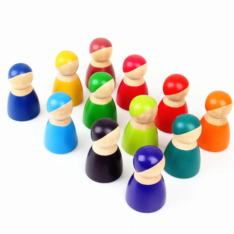 

Montessori Set Of 12 Rainbow Friends Peg Dolls Wooden Pretend Play People Figures Baby Toy Environmental Safety Paint