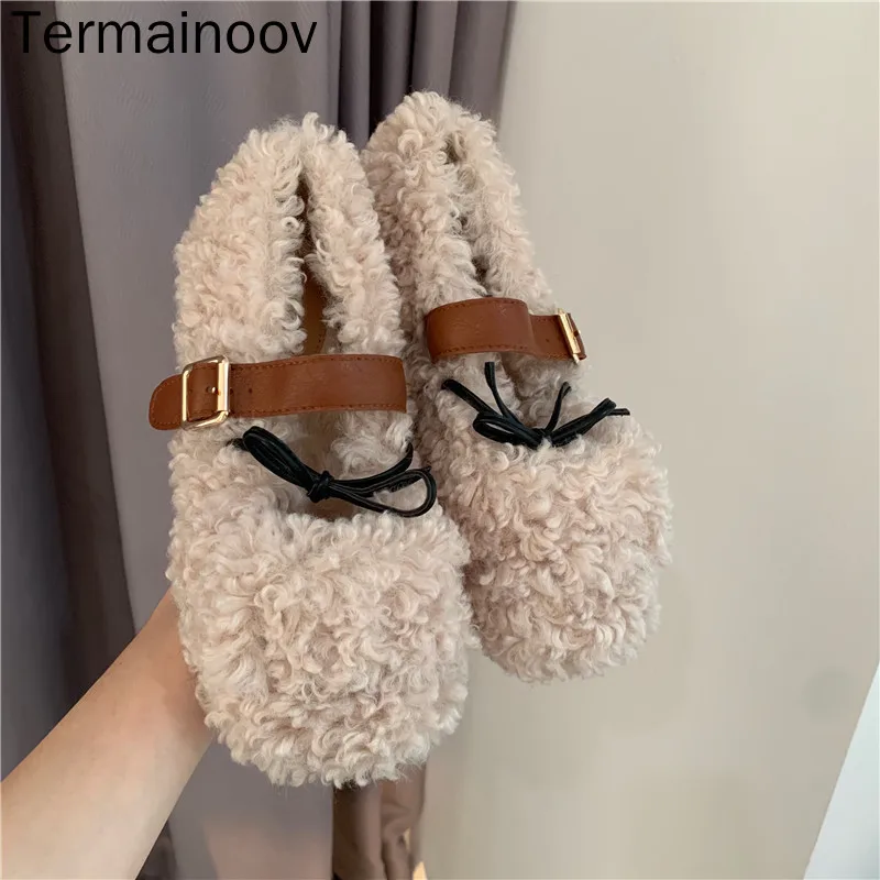

Termainoov Women Wool Shoes Winter Sheep Winter Warm Shoes Round Toe Women Flats Loafers Cotton Shoes Lazy Shoes