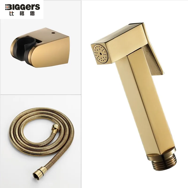 

Biggers Sanitary Gold Color Brass Bathroom Toilet Bidets Shower Set High-pressure Shattaf Wth Shower Hose