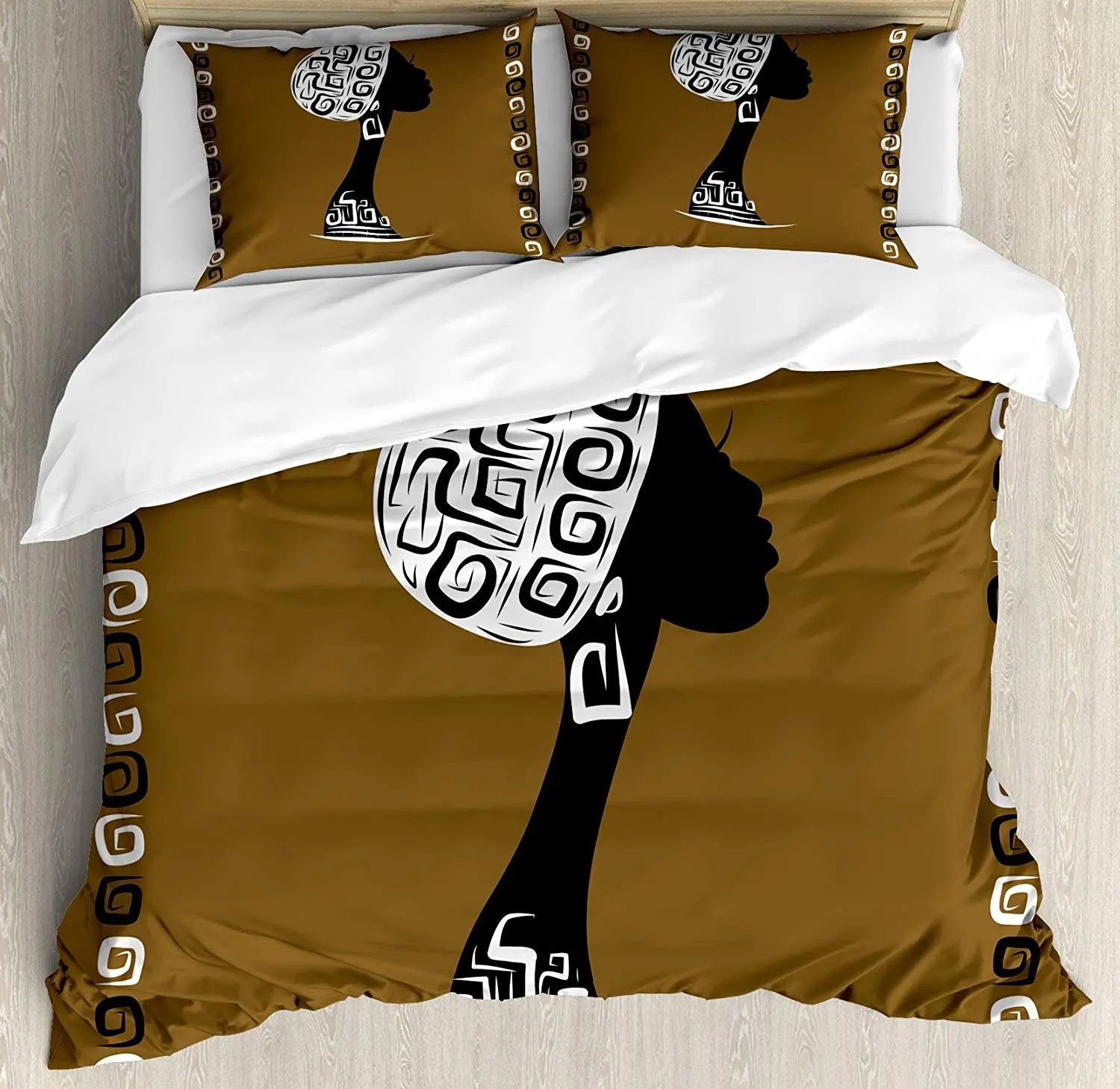 

African Woman Bedding Set Female Head Silhouette Stylish Headscarf Geometric Artistic Framework Duvet Cover Pillowcase Bed Set