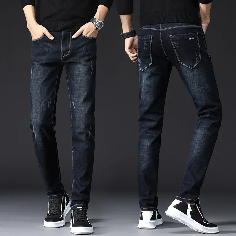 Men Elastic Slim Fit Tight Jeans Korean Trend Pants Black Youth High Quality Little Feet Business For Male | Мужская одежда