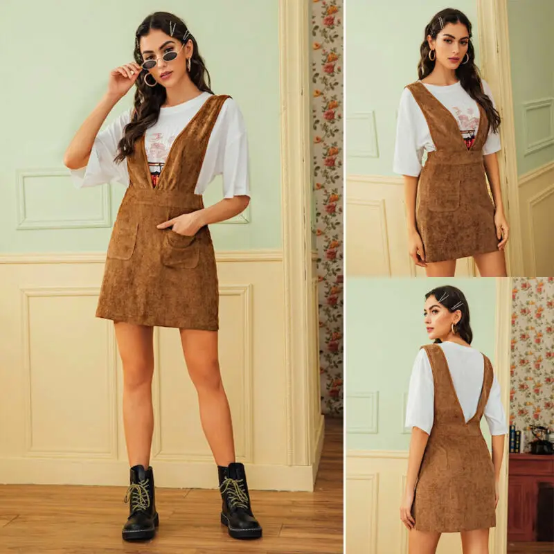 

2019 Autumn Winter Casual Sexy Women Ladies Overall Dress Solid Corduroy Above Knee A-line Dress School Girl Costumes Dance