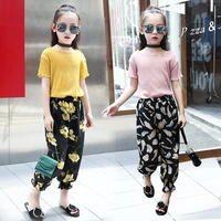 summer children clothing short sleeve top tee flower wide leg pants 2pcs chiffon suit clothes for girls 6 8 10 12 14 years old