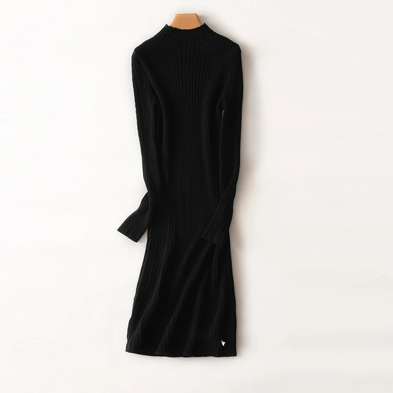 

100% wool medium and long half turtle neck skirt female Korean version of slim bottom long sleeve hip knit dress