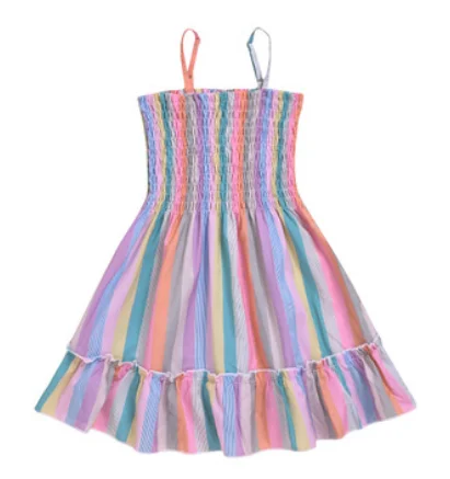 

Детское платье на бретелях в Корейском стиле, летнее платье без рукавов в радужную полоску с эластичным поясом, Детский сарафан для маленьк...