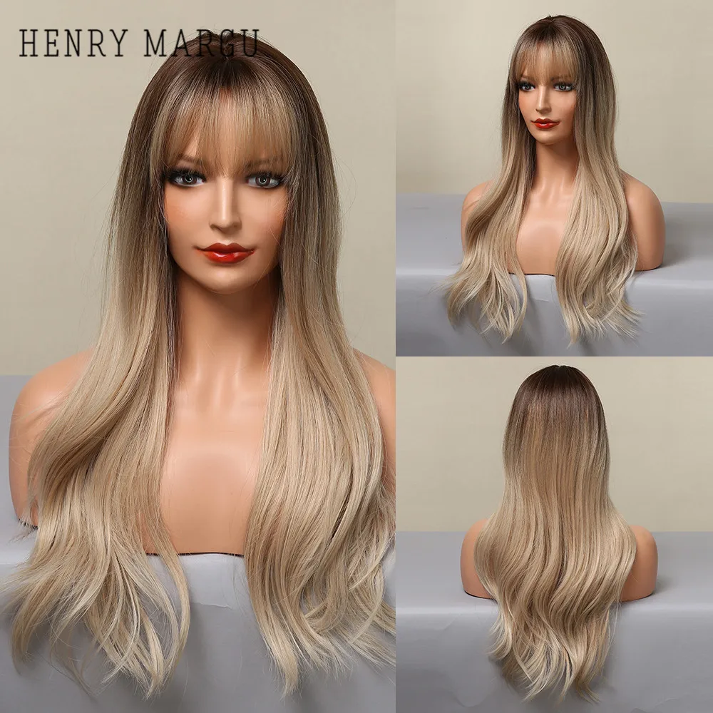 

HENRY MARGU Long Wavy Synthetic Wig with Bang Ombre Light Ash Brown Blonde Natural Hair for Women Daily Party Heat Resistant Wig
