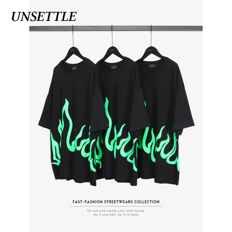 UNSETTLE 2020SS Harajuku футболки летние мужские/женские хип-хоп принты пламени оверсайз
