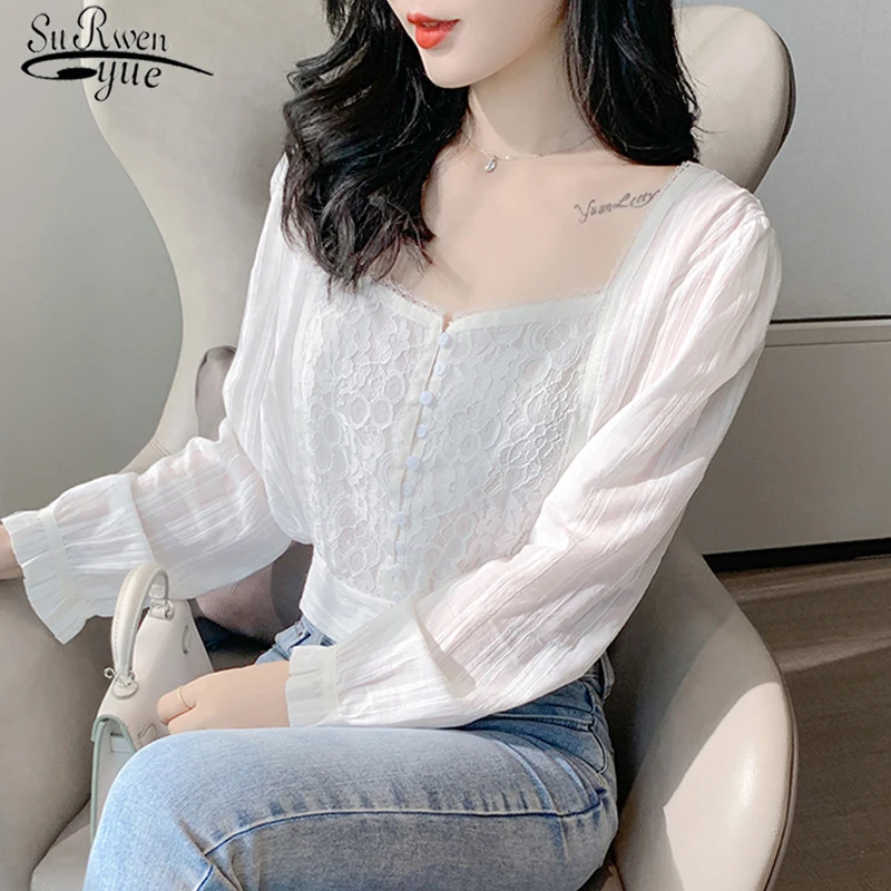 

2021 Autumn New French Square Collar White Chiffon Blouse Waist Puff Long Sleeve Blouse Women Lace Stitching Woman's Shirt 10848