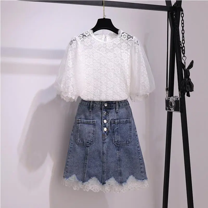 

ICHOIX women 2 piece set summer outfits casual elegant lace tops and skirt set Korean style puff sleeve cute two piece skirt set